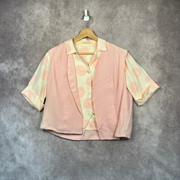 Source Unknown Tops - Vintage 60s Polka Dot Blouse Pink Vest Cropped Top Short Sleeve Button Up‎